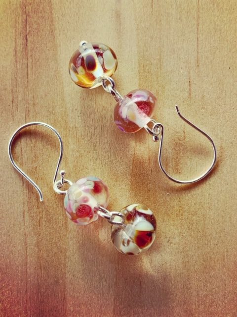 Pink and brown recycled glass earrings