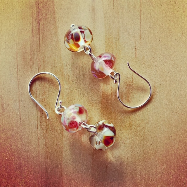 Pink and brown recycled glass earrings
