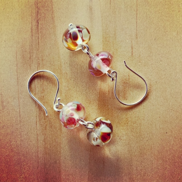 Pink and brown recycled glass earrings