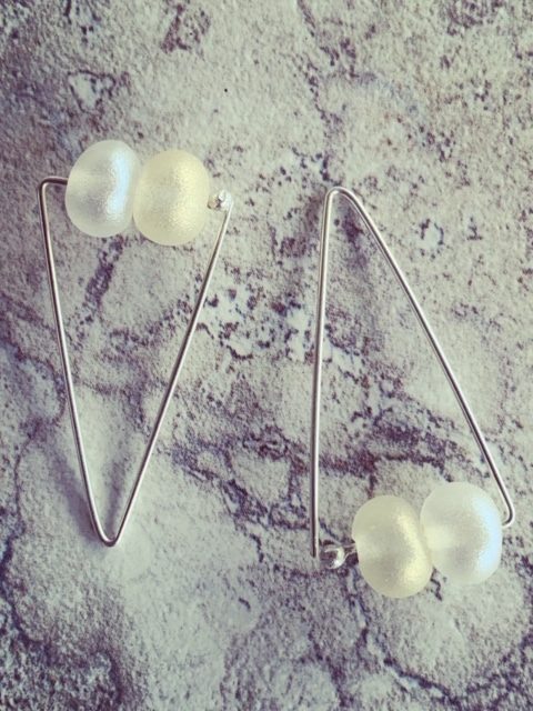 Triangle Shape Earrings with recycled glass beads made from wine bottle