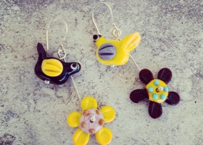 Yellow and Purple - Bird and Flower Glass Earrings