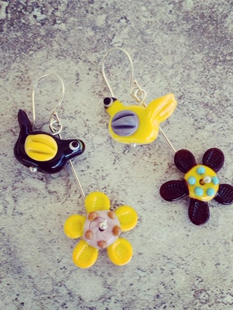 Yellow and Purple - Bird and Flower Glass Earrings