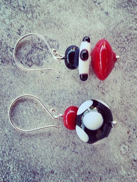 red black and white glass earrings