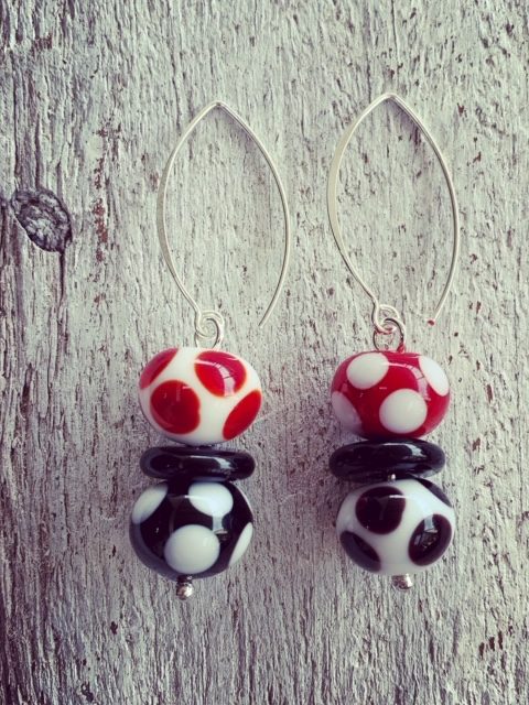 red, black and white glass earrings