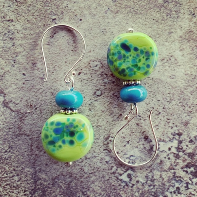 Blue and Green Frit earrings with a pop of silver