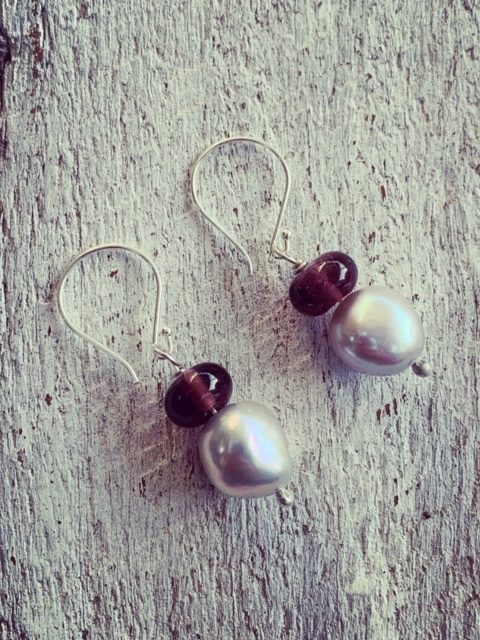 Pearl and recycled glass bead earrings