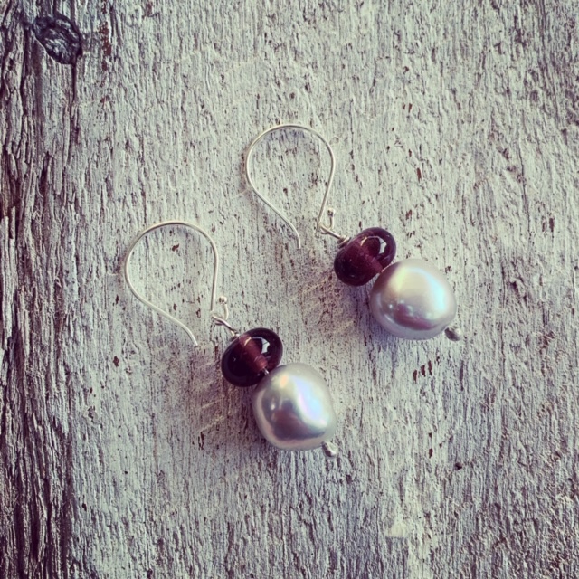 Pearl and recycled glass bead earrings