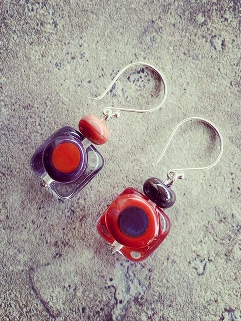 Purple and Coral retro glass earrings and bracelet