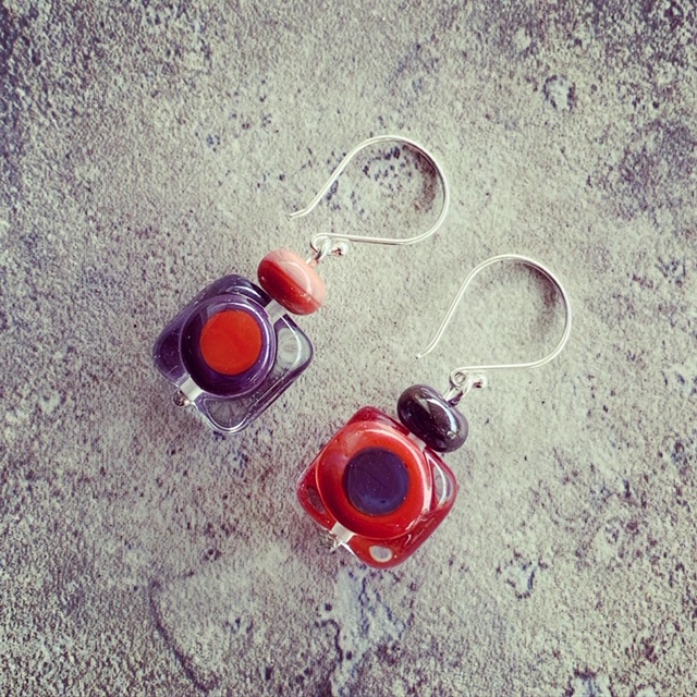 Purple and Coral retro glass earrings and bracelet