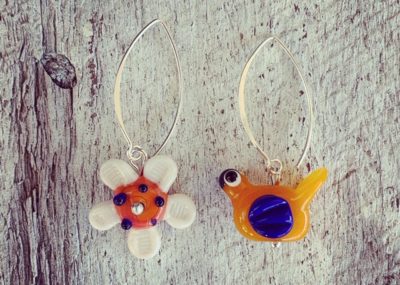 Blue/orange flower and bird earrings