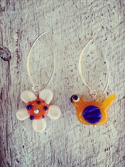 Blue/orange flower and bird earrings