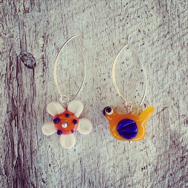 Blue/orange flower and bird earrings