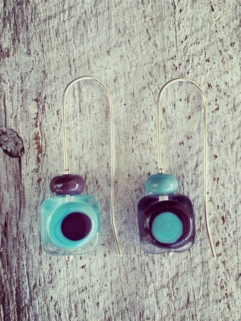 Aqua and Purple retro glass earrings