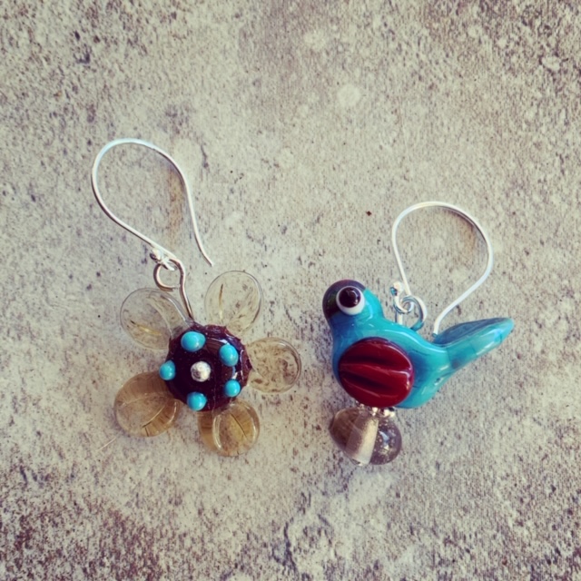 Flower and bird earrings