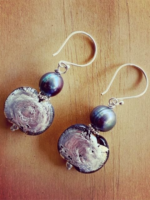 Recycled wine bottle earrings and pearls
