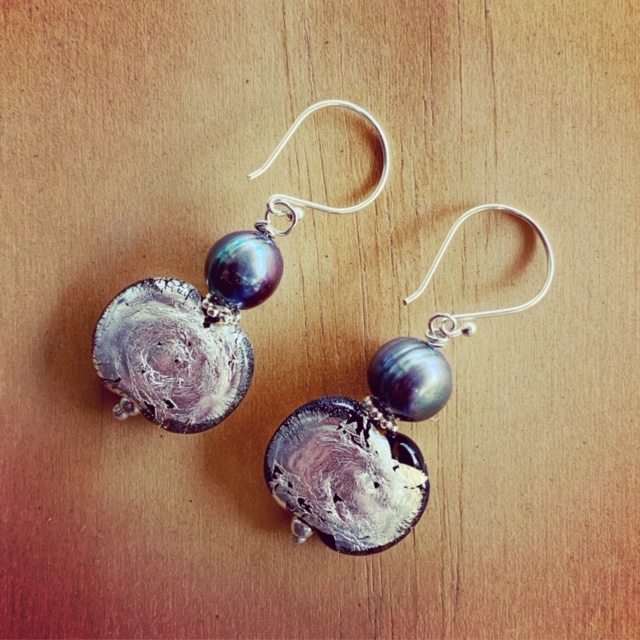 Recycled wine bottle earrings and pearls