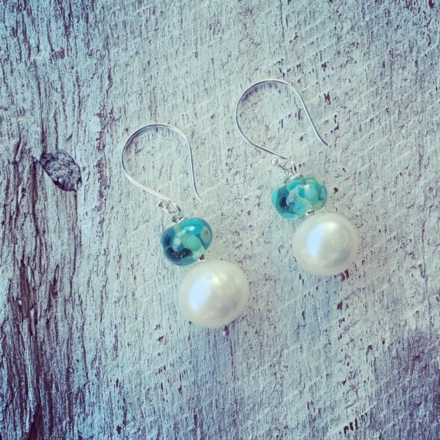 pearl earrings with handmade glass beads