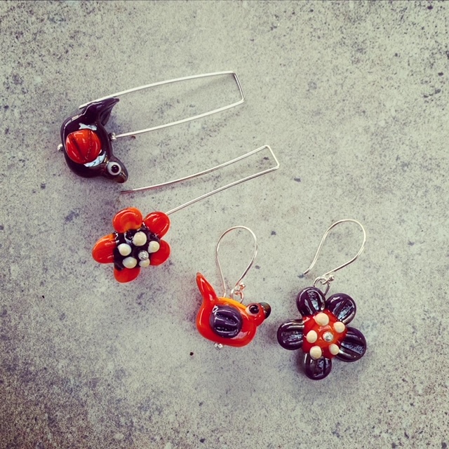 orange/purple bird flower earrings