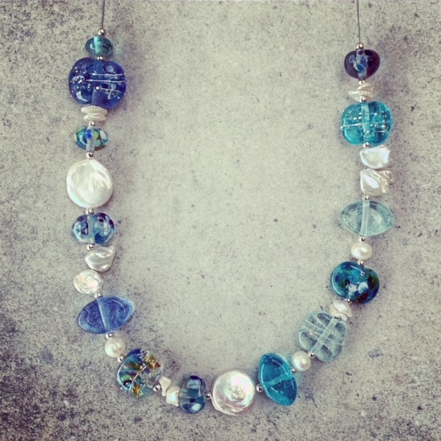 Blue Recycled Glass Bead and Pearl necklace