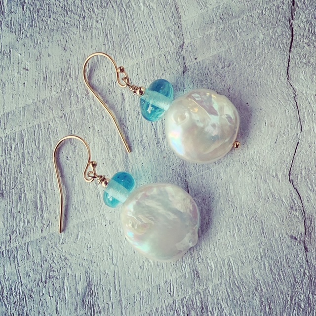 recycled glass bead and pearl earrings